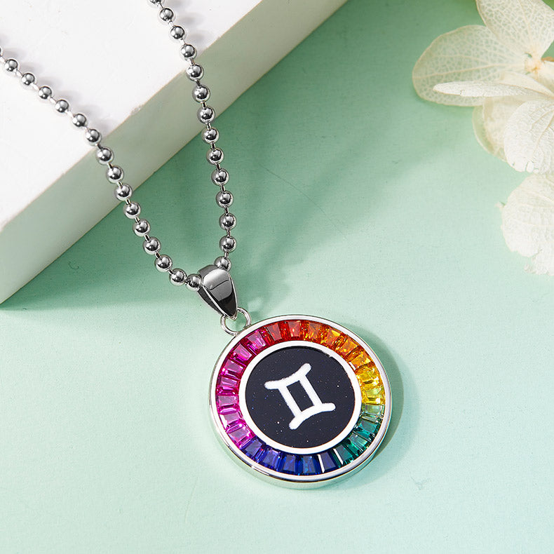 Gemini-Rainbow colored synthetic gemstone Accent Zodiac Name Pendant Necklace in 18k Gold-Plated Sterling Silver