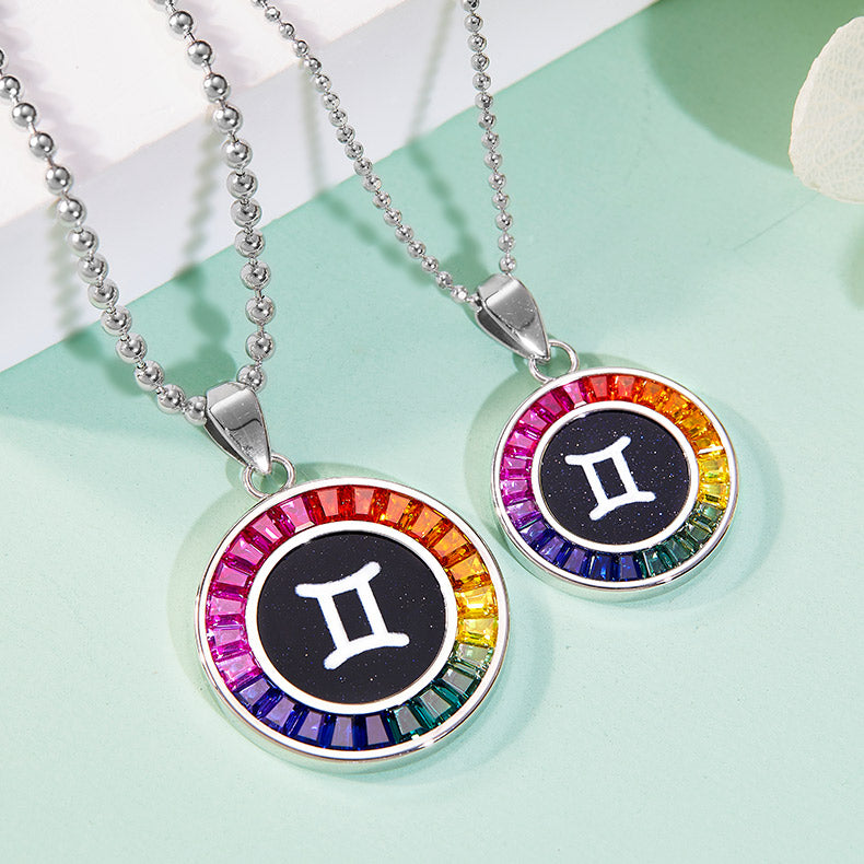 Gemini-Rainbow colored synthetic gemstone Accent Zodiac Name Pendant Necklace in 18k Gold-Plated Sterling Silver